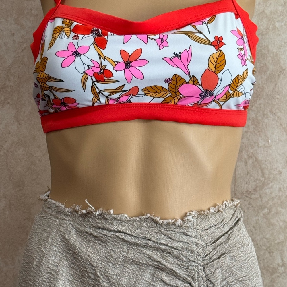 Floral Bikini Top with Orange-Red Trim L